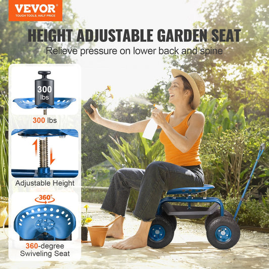 360-degree swivel seat garden scooter helps reduce back pressure during extended outdoor work