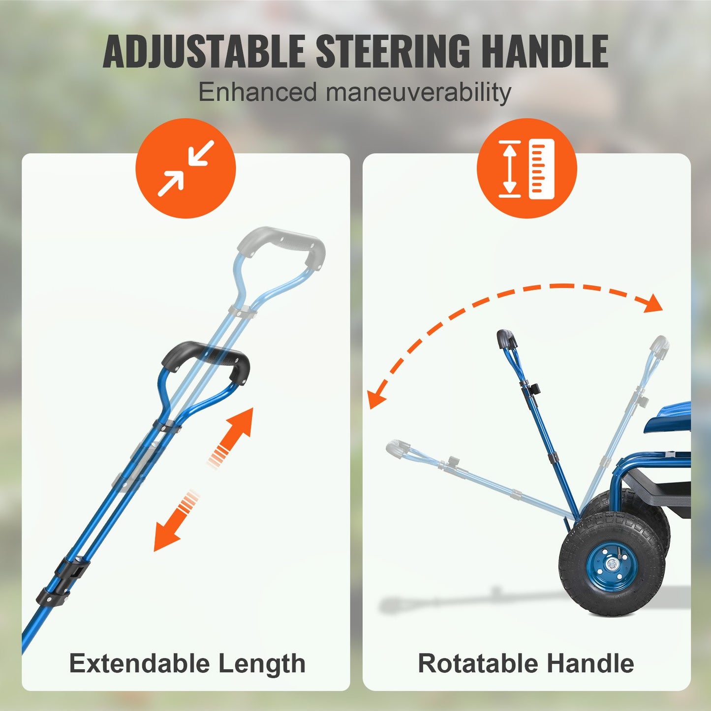 VEVOR Rolling Garden Cart with Seat and Wheels Extendable Steer Handle Blue