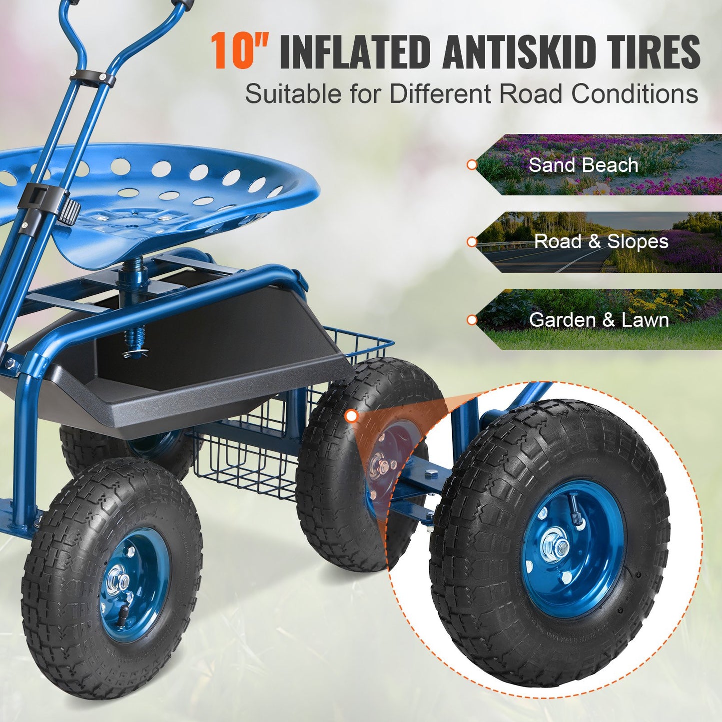 VEVOR Rolling Garden Cart with Seat and Wheels Extendable Steer Handle Blue