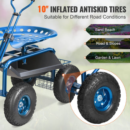 VEVOR Rolling Garden Cart with Seat and Wheels Extendable Steer Handle Blue