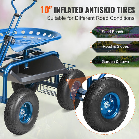 Adjustable Rolling Garden Cart with Seat, Steering Handle, and Storage, Blue