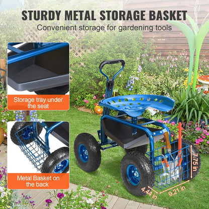 Adjustable Rolling Garden Cart with Seat, Steering Handle, and Storage, Blue