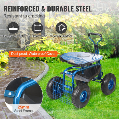Adjustable Rolling Garden Cart with Seat, Steering Handle, and Storage, Blue