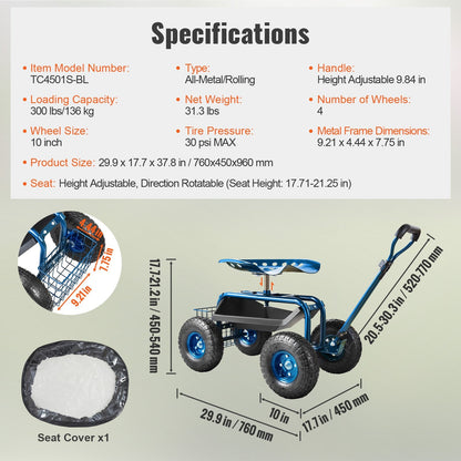 Adjustable Rolling Garden Cart with Seat, Steering Handle, and Storage, Blue