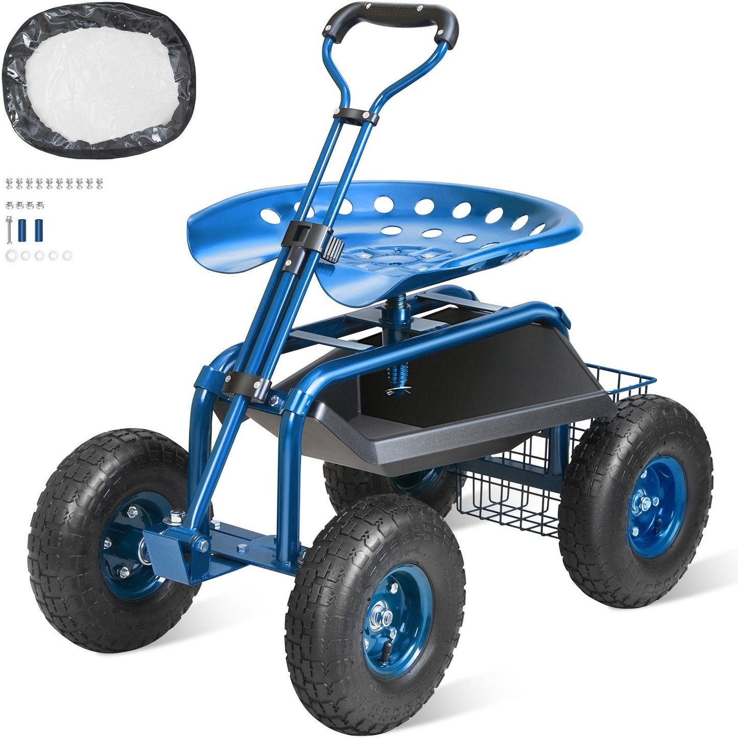 Adjustable Rolling Garden Cart with Seat, Steering Handle, and Storage, Blue