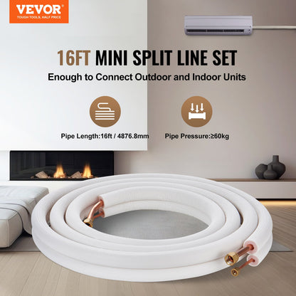 VEVOR 4876.8mm Mini Split Line Set, 6.4 & 12.7mm O.D Copper Pipes Tubing and Triple-Layer