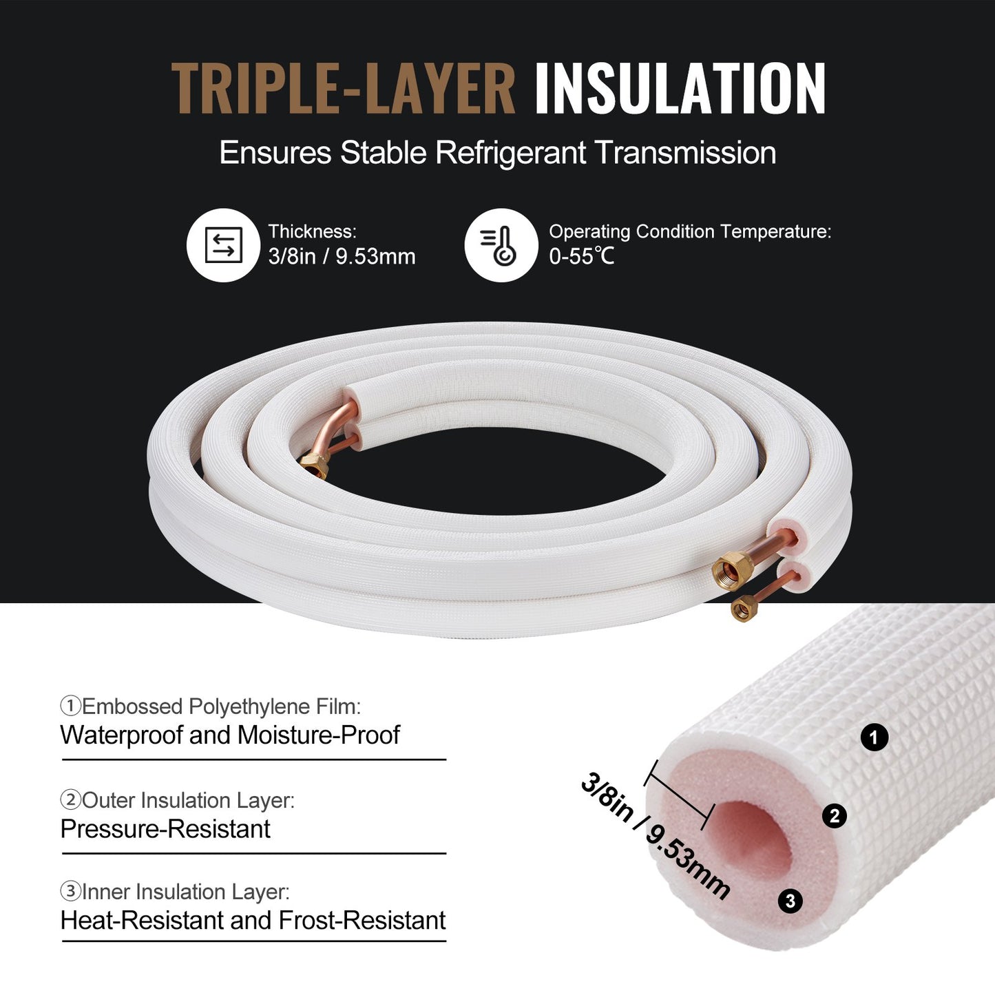 VEVOR 4876.8mm Mini Split Line Set, 6.4 & 12.7mm O.D Copper Pipes Tubing and Triple-Layer