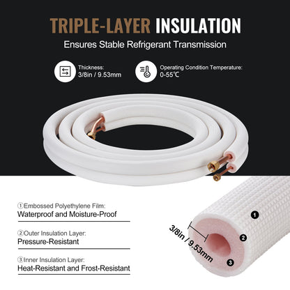 VEVOR 4876.8mm Mini Split Line Set, 6.4 & 12.7mm O.D Copper Pipes Tubing and Triple-Layer