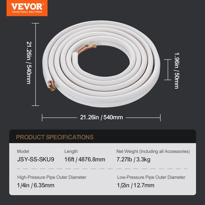 VEVOR 4876.8mm Mini Split Line Set, 6.4 & 12.7mm O.D Copper Pipes Tubing and Triple-Layer