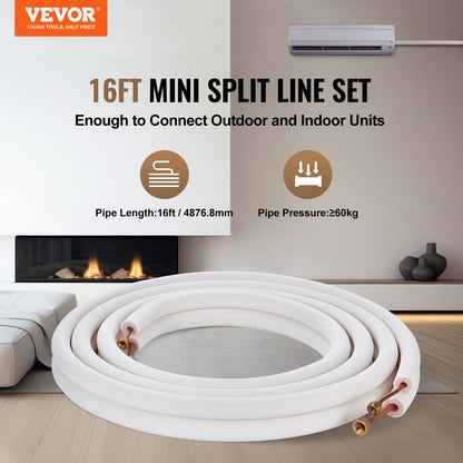 VEVOR 4876.8mm Mini Split Line Set, 6.4 & 9.5mm O.D Copper Pipes Tubing and Triple-Layer