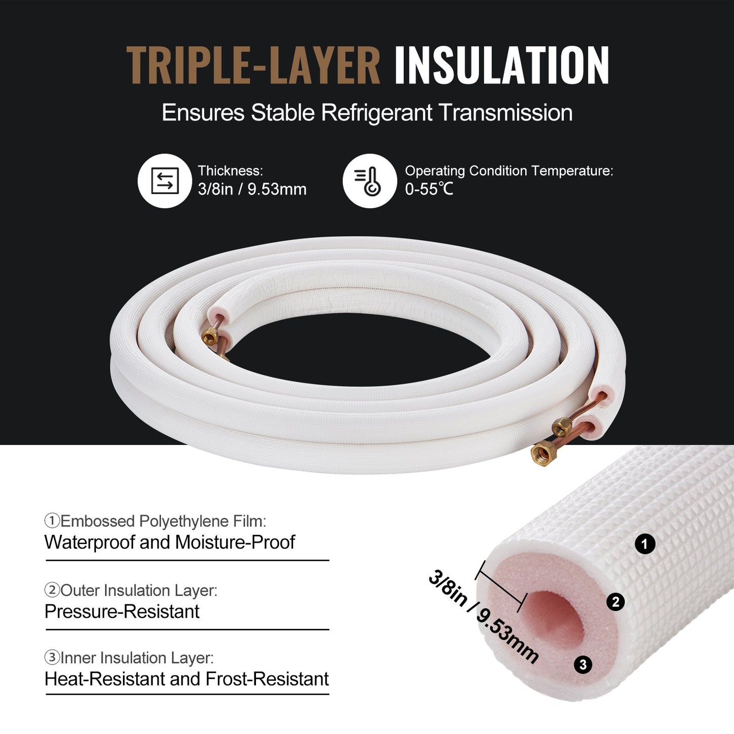 VEVOR 4876.8mm Mini Split Line Set, 6.4 & 9.5mm O.D Copper Pipes Tubing and Triple-Layer