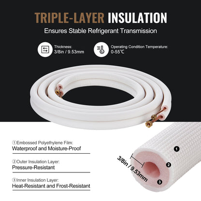 VEVOR 4876.8mm Mini Split Line Set, 6.4 & 9.5mm O.D Copper Pipes Tubing and Triple-Layer