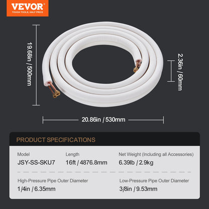 VEVOR 4876.8mm Mini Split Line Set, 6.4 & 9.5mm O.D Copper Pipes Tubing and Triple-Layer