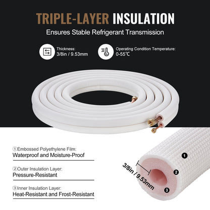 VEVOR 25FT Mini Split Line Set, 6.4 & 12.7mm O.D Copper Pipes Tubing and Triple-Layer