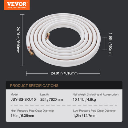 VEVOR 25FT Mini Split Line Set, 6.4 & 12.7mm O.D Copper Pipes Tubing and Triple-Layer