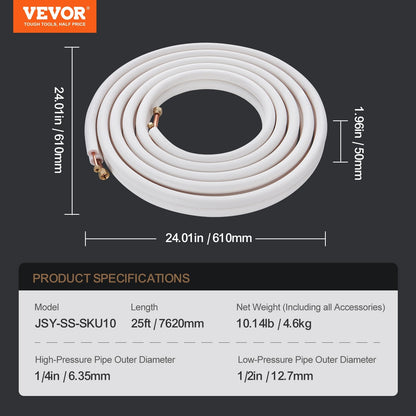 25FT Mini Split Line Set with 6.4 & 12.7mm Copper Pipes and Triple Insulation