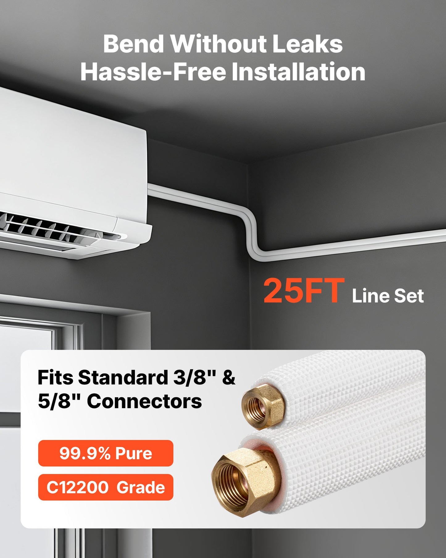 7.6m Mini Split Line Set, 9.5 & 15.9mm OD AC Copper Tubing Pipe, 3/8 White PE Thickened Insulated Coil with Flared Nuts, Rich Fittings, for Mini Split Air Conditioner HVAC or Heat Pump System