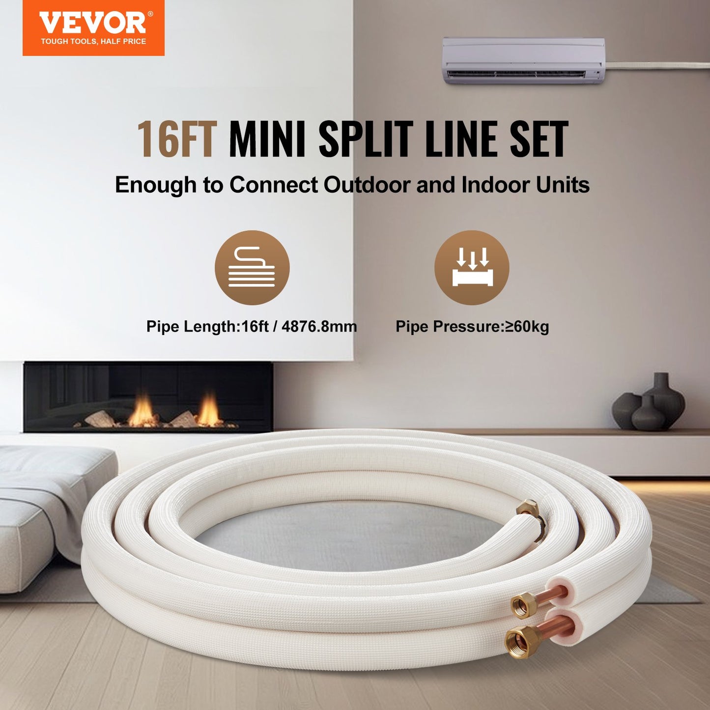 VEVOR 4876.8mm Mini Split Line Set, 9.5 & 15.9mm O.D Copper Pipes Tubing and Triple-Layer