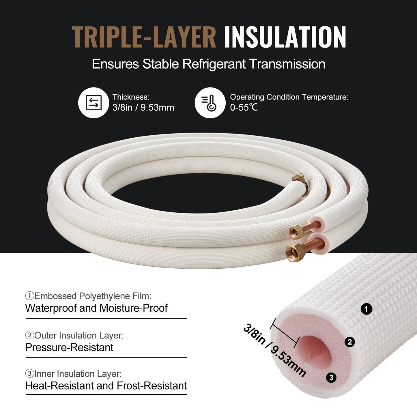 16ft Mini Split Line Set with Insulated Copper Pipes for HVAC Systems