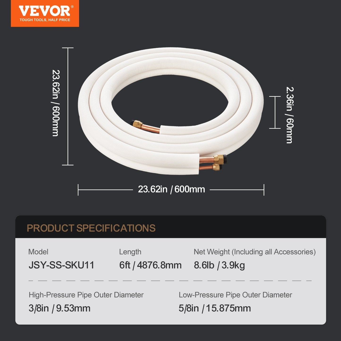 16ft Mini Split Line Set with Insulated Copper Pipes for HVAC Systems