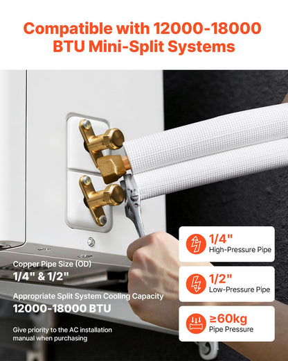 15.2m Mini Split Line Set, 6.4 & 12.7mm OD AC Copper Tubing Pipe, 3/8 White PE Thickened Insulated Coil with Flared Nuts, Rich Fittings, for Mini Split Air Conditioner HVAC or Heat Pump System