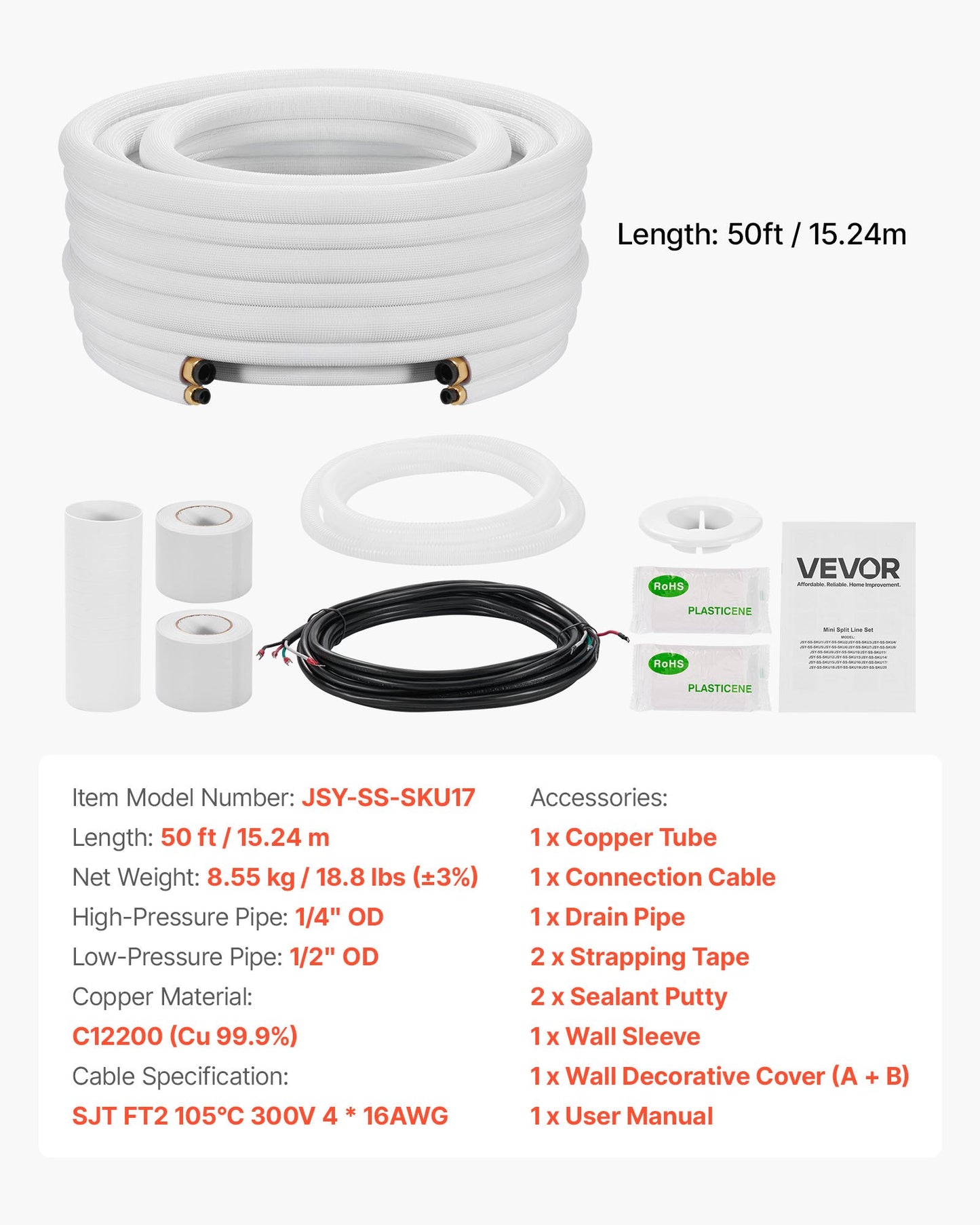 15.2m Mini Split Line Set, 6.4 & 12.7mm OD AC Copper Tubing Pipe, 3/8 White PE Thickened Insulated Coil with Flared Nuts, Rich Fittings, for Mini Split Air Conditioner HVAC or Heat Pump System