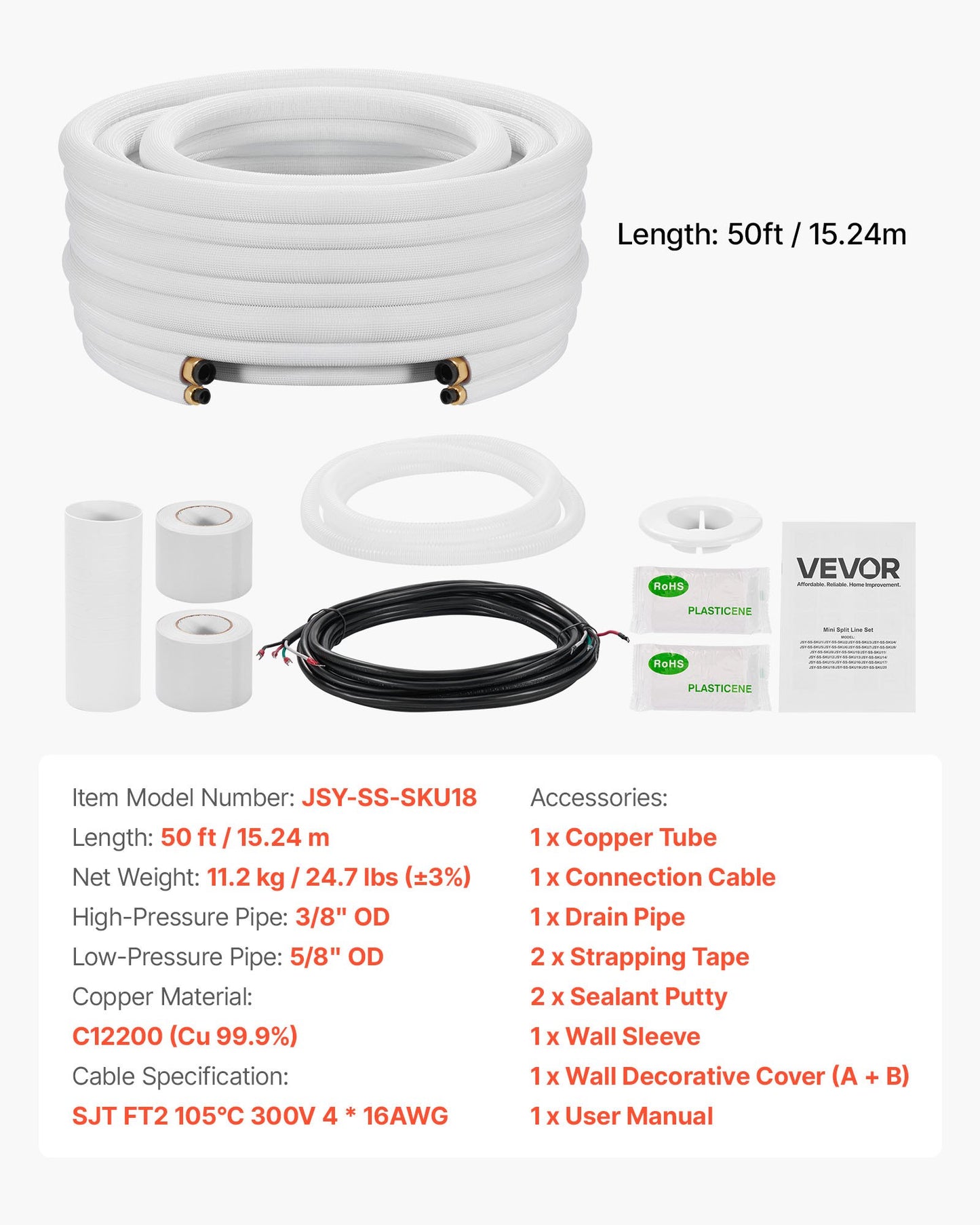 15.2m Mini Split Line Set, 9.5 & 15.9mm OD AC Copper Tubing Pipe, 3/8 White PE Thickened Insulated Coil with Flared Nuts, Rich Fittings, for Mini Split Air Conditioner HVAC or Heat Pump System