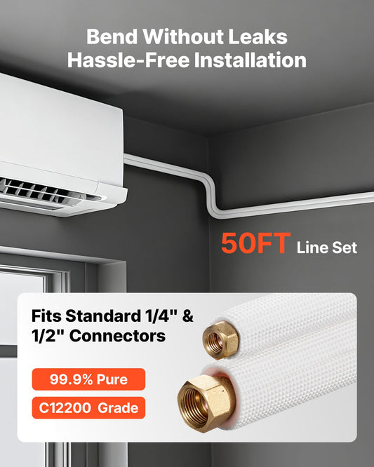 15.2m Mini Split Line Set, 6.4 & 12.7mm OD AC Copper Tubing Pipe, 3/8 White PE Thickened Insulated Coil with Flared Nuts, Strapping Tapes, for Mini Split Air Conditioner HVAC or Heat Pump System