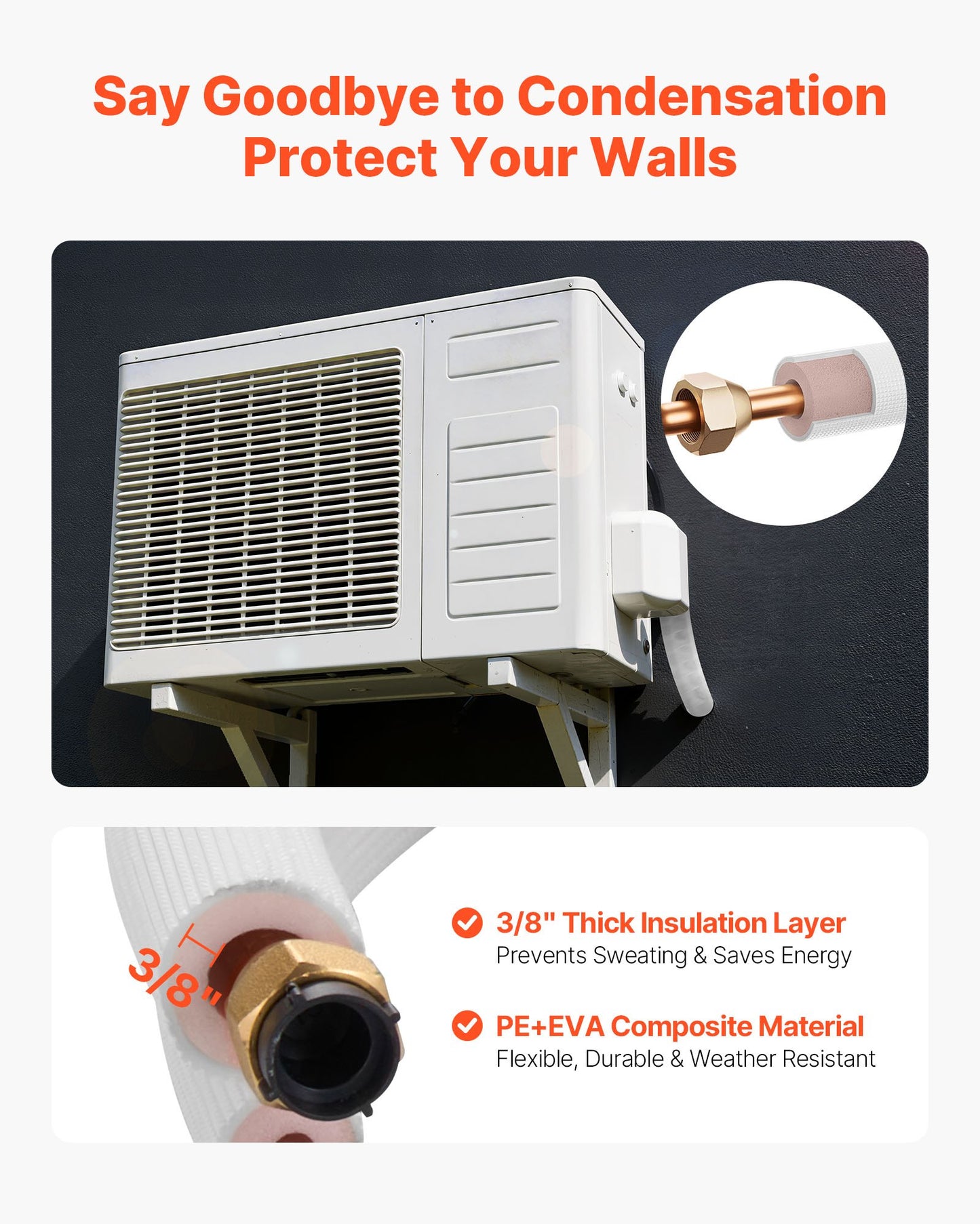 15.2m Mini Split Line Set, 6.4 & 12.7mm OD AC Copper Tubing Pipe, 3/8 White PE Thickened Insulated Coil with Flared Nuts, Strapping Tapes, for Mini Split Air Conditioner HVAC or Heat Pump System
