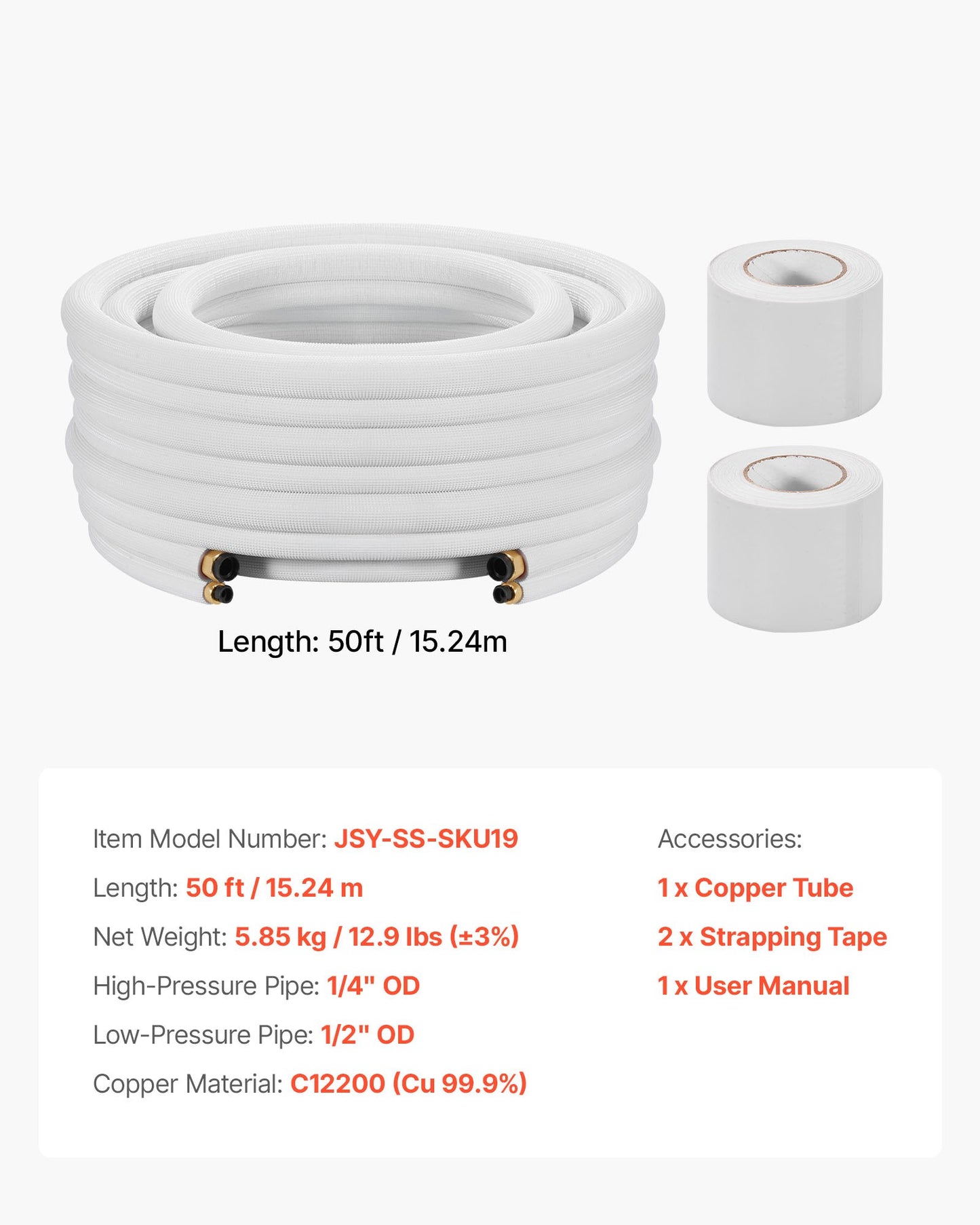 15.2m Mini Split Line Set, 6.4 & 12.7mm OD AC Copper Tubing Pipe, 3/8 White PE Thickened Insulated Coil with Flared Nuts, Strapping Tapes, for Mini Split Air Conditioner HVAC or Heat Pump System
