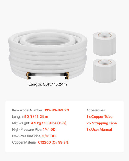 15.2m Mini Split Line Set, 6.4 & 9.5mm OD AC Copper Tubing Pipe, 3/8 White PE Thickened Insulated Coil with Flared Nuts, Strapping Tapes, for Mini Split Air Conditioner HVAC or Heat Pump System