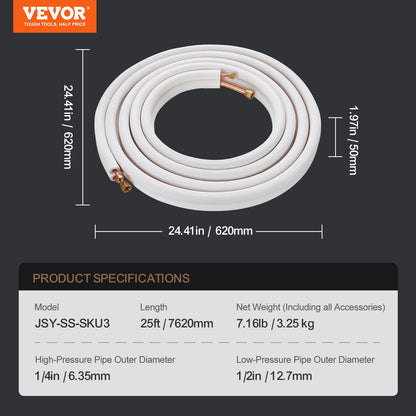 VEVOR 7620mm Mini Split Line Set, 6.4 & 12.7mm O.D Copper Pipes Tubing and Triple-Layer