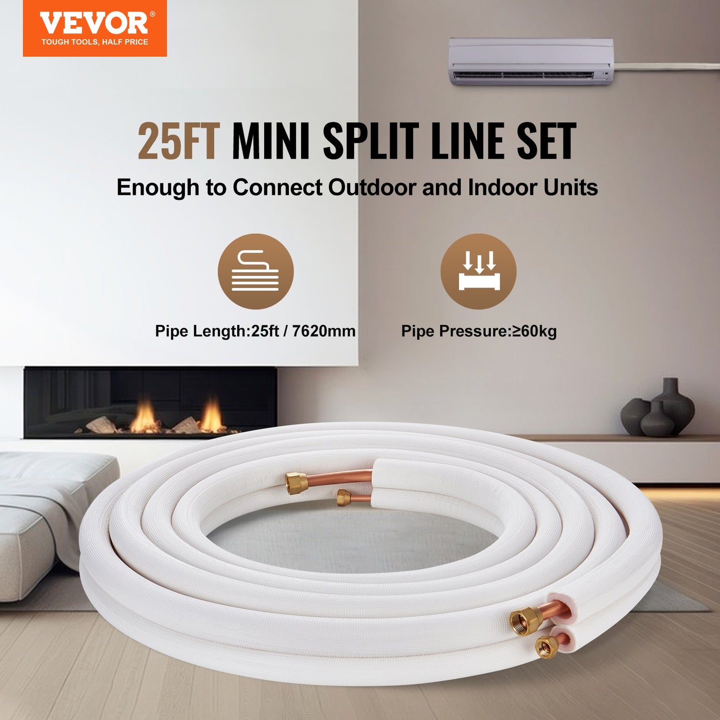 VEVOR 7620mm Mini Split Line Set, 9.5 & 15.9mm O.D Copper Pipes Tubing and Triple-Layer