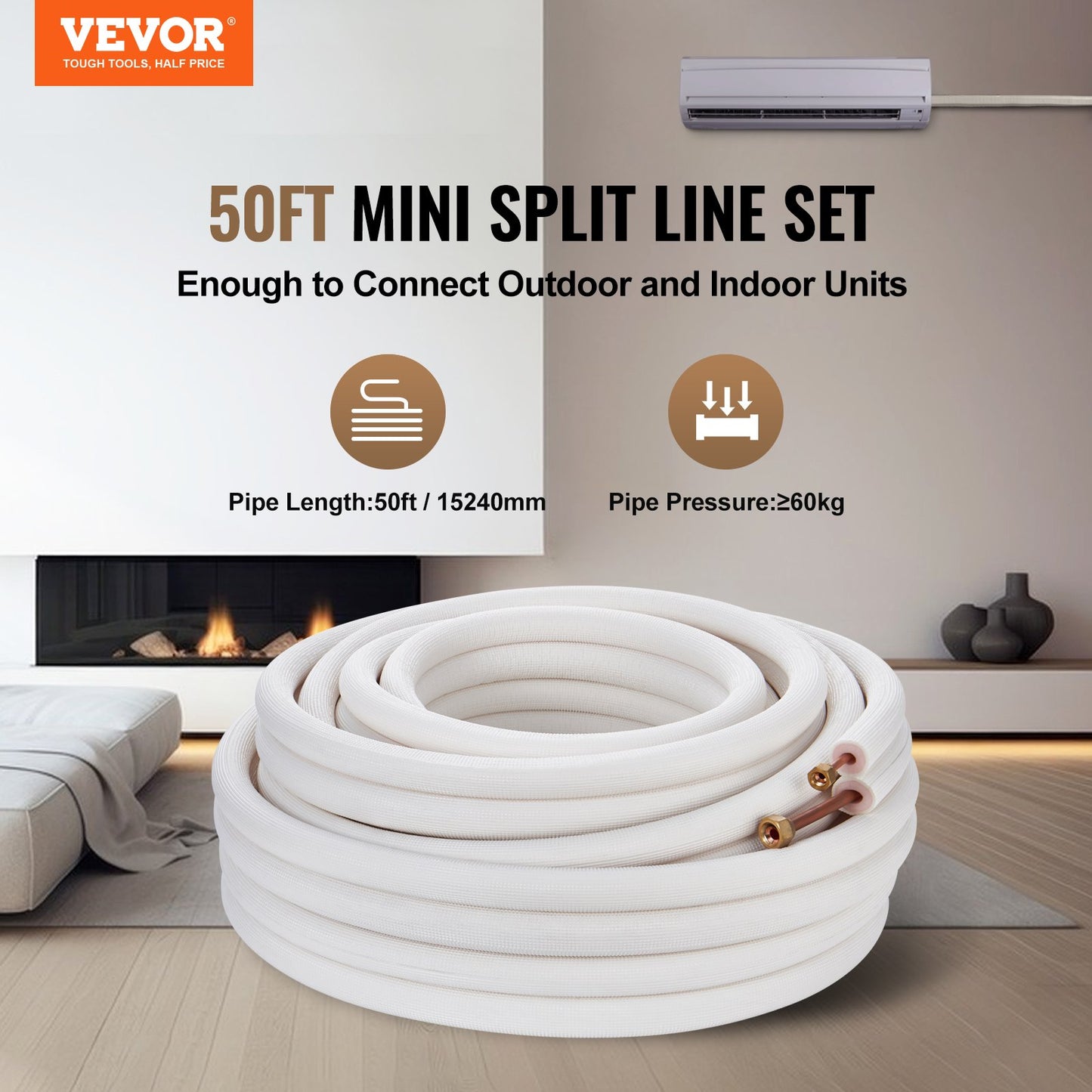 VEVOR 15240mm Mini Split Line Set, 6.4 & 9.5mm O.D Copper Pipes Tubing and Triple-Layer
