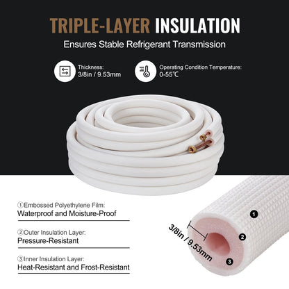 Mini Split Line Set 15.24m, Copper Pipes with Triple-Layer Insulation for HVAC