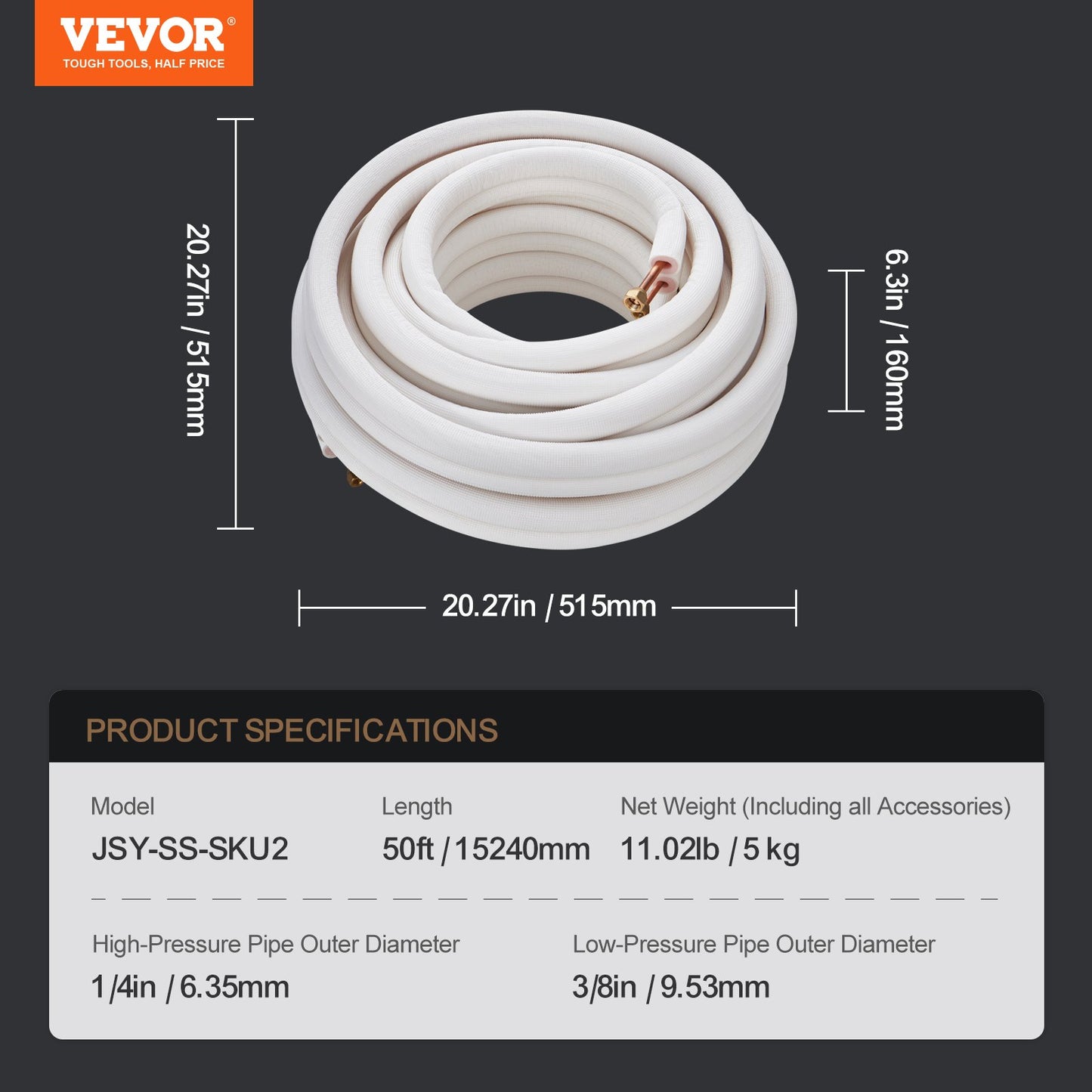 VEVOR 15240mm Mini Split Line Set, 6.4 & 9.5mm O.D Copper Pipes Tubing and Triple-Layer