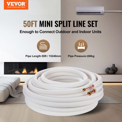VEVOR 15240mm Mini Split Line Set, 6.4 & 12.7mm O.D Copper Pipes Tubing and Triple-Layer