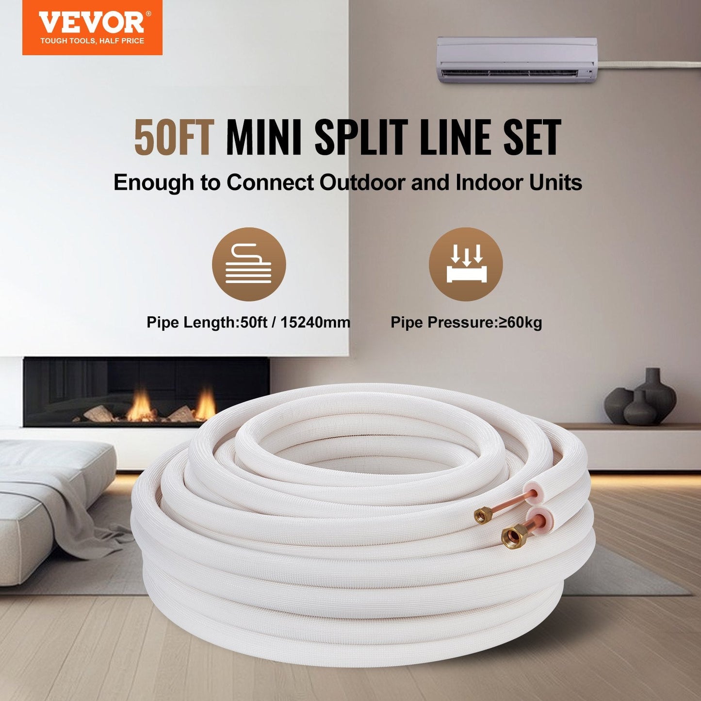 15.24m Mini Split Line Set with Copper Pipes & Triple-Layer Insulation for HVAC