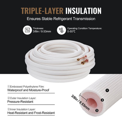 15.24m Mini Split Line Set with Copper Pipes & Triple-Layer Insulation for HVAC