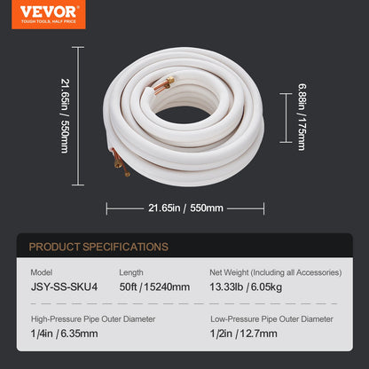 VEVOR 15240mm Mini Split Line Set, 6.4 & 12.7mm O.D Copper Pipes Tubing and Triple-Layer