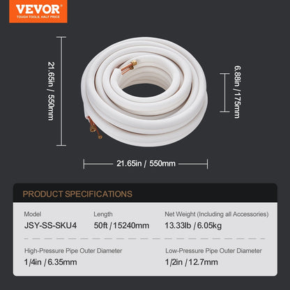 15.24m Mini Split Line Set with Copper Pipes & Triple-Layer Insulation for HVAC
