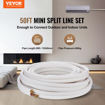 VEVOR 15240mm Mini Split Line Set, 9.5 & 15.9mm O.D Copper Pipes Tubing and Triple-Layer