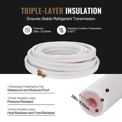 VEVOR 15240mm Mini Split Line Set, 9.5 & 15.9mm O.D Copper Pipes Tubing and Triple-Layer