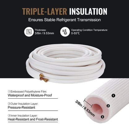 50ft Mini Split Line Set with Triple-Layer Insulation, Copper Pipes for HVAC