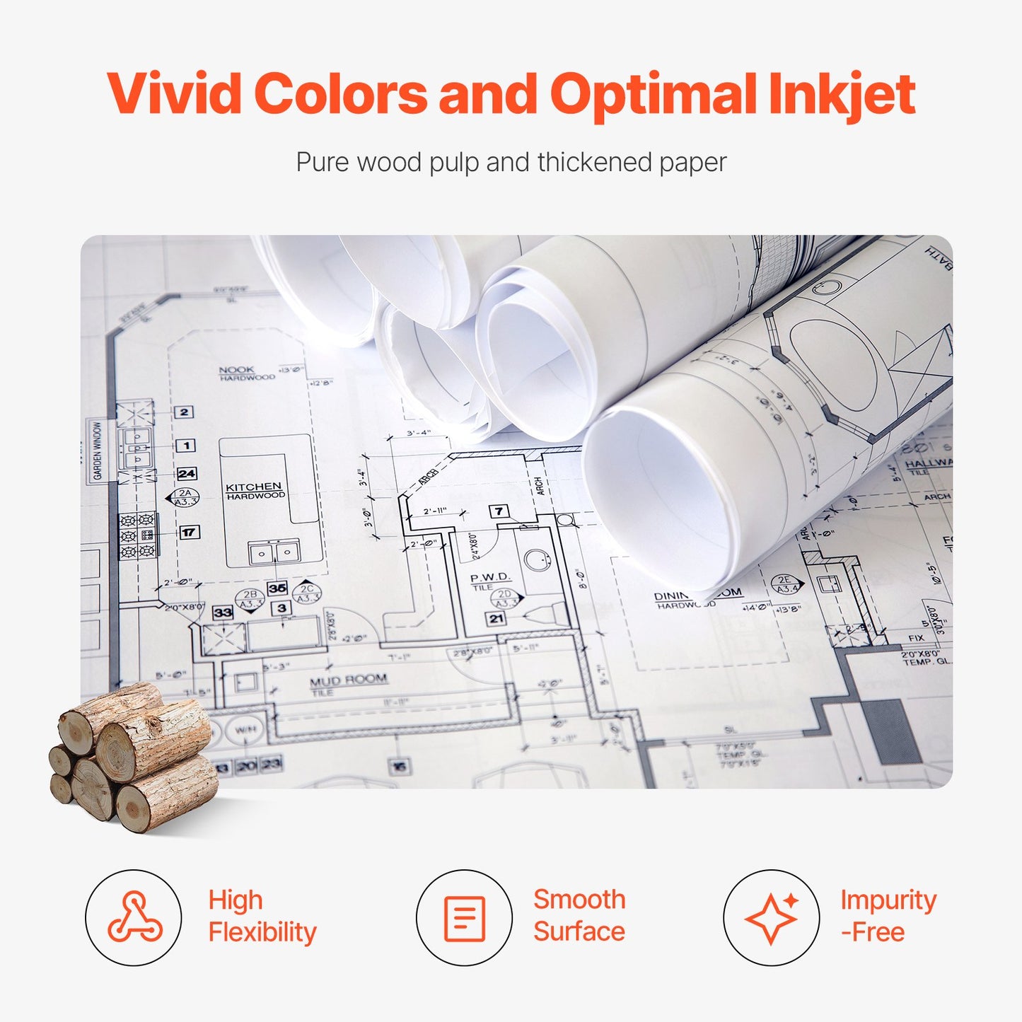 VEVOR Wide Format Paper Plotter Paper 6 Rolls 609.6 mm x 45.7 m CAD Bond Rolls