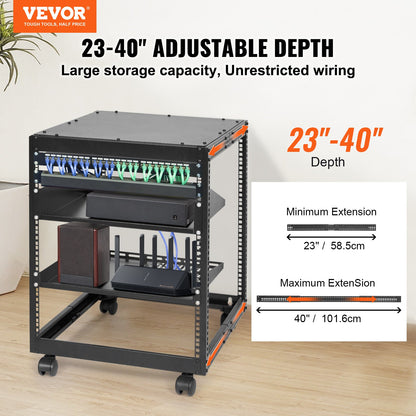 VEVOR 12U Open Frame Server Rack, 15''-40'' Adjustable Depth, Free Standing or Wall