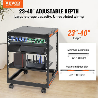 12U Open Frame Server Rack, Adjustable Depth 0.38-1.02m, Freestanding/Wall Mount