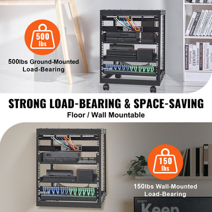 VEVOR 12U Open Frame Server Rack, 15''-40'' Adjustable Depth, Free Standing or Wall