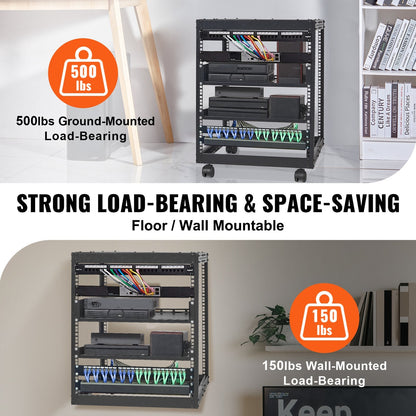 12U Open Frame Server Rack, Adjustable Depth 0.38-1.02m, Freestanding/Wall Mount