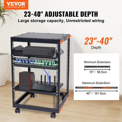 VEVOR 15U Open Frame Server Rack, Adjustable Depth, Free Standing or Wall Mount